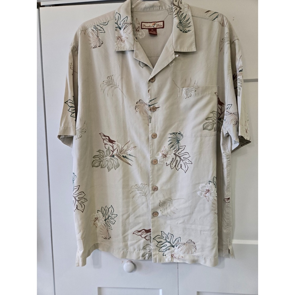 Paradise Blue Mens XL 100% Silk Tropical Floral Camp Shirt Beige Short Sleeve